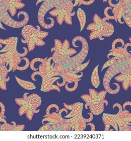 Floral fabric background with paisley ornament. Seamless vector pattern