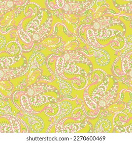 Floral fabric background with paisley ornament. Seamless vector pattern