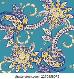 Floral fabric background with paisley ornament. Seamless vector pattern