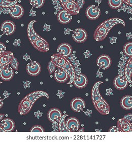 Floral fabric background with paisley ornament. Seamless illustration pattern