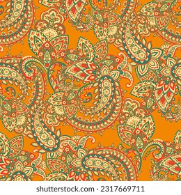 Floral fabric background with paisley ornament. Seamless vector pattern