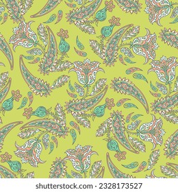 Floral fabric background with paisley ornament. Seamless vector pattern