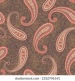 Floral fabric background with paisley ornament. Seamless illustration pattern