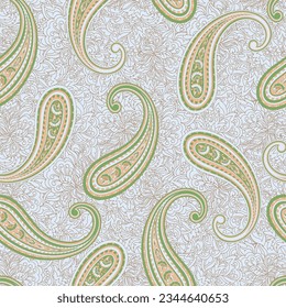 Floral fabric background with paisley ornament. Seamless illustration pattern