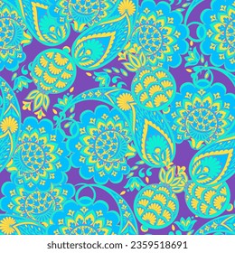 Floral fabric background with paisley ornament. Seamless illustration pattern