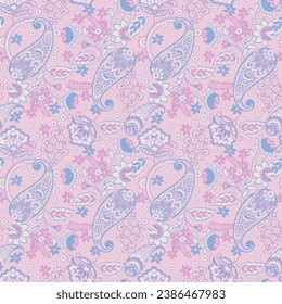 Floral fabric background with paisley ornament. Seamless illustration pattern