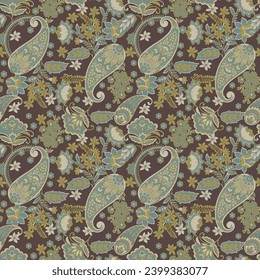 Floral fabric background with paisley ornament. Seamless illustration pattern