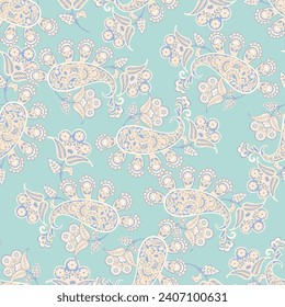 Floral fabric background with paisley ornament. Seamless vector pattern