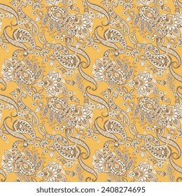 Floral fabric background with paisley ornament. Seamless illustration pattern