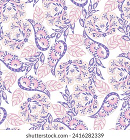 Floral fabric background with paisley ornament. Seamless vector pattern