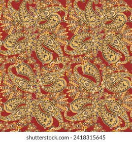 Floral fabric background with paisley ornament. Seamless vector pattern