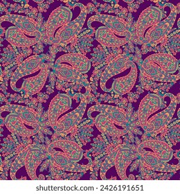 Floral fabric background with paisley ornament. Seamless vector pattern