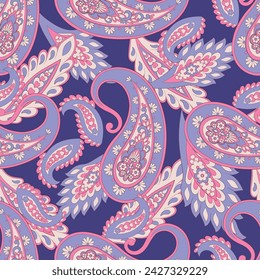 Floral fabric background with paisley ornament. Seamless vector pattern