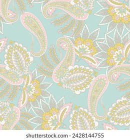 Floral fabric background with paisley ornament. Seamless illustration pattern