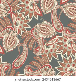 Floral fabric background with paisley ornament. Seamless illustration pattern