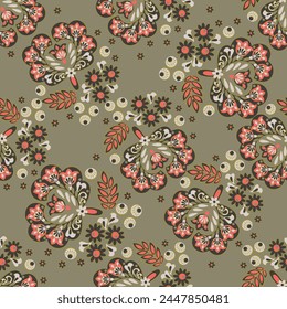 Floral fabric background with paisley ornament. Seamless illustration pattern
