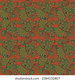 Floral fabric background with paisley ornament. Seamless vector pattern