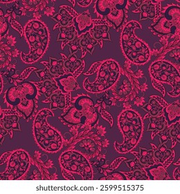 Floral fabric background with paisley ornament. Seamless vector pattern