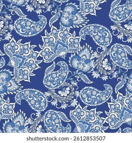 Floral fabric background with paisley ornament. Seamless vector pattern