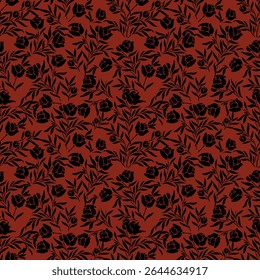 Padrão de tecido floral com um fundo vermelho brilhante, parece excelente e poderoso. O padrão principal são flores e folhas pretas, em forma de uma papoula, com flores e botões florescentes. O padrão 