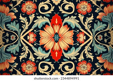 Floral fabric pattern. Ethnic flowers ornate elegant luxury style. Art graphic print design for carpet fabric texture textile wallpaper background backdrop rug.