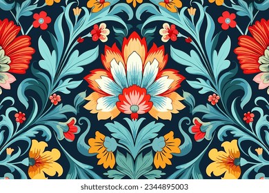 Floral fabric pattern. Ethnic flowers ornate elegant luxury style. Art graphic print design for carpet fabric texture textile wallpaper background backdrop rug.