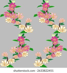 Floral fabric pattern, multicolored wood on a grey background.