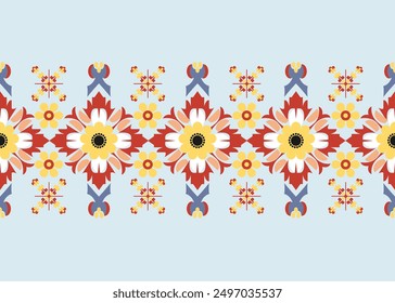 Patrón de tela floral estilo nativo de Asia sobre un fondo azul claro, diseño de Ilustración vectorial