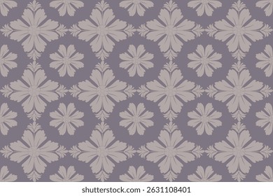 Floral fabric pattern with symmetrical petals in a repeating diamond arrangement on gray background.