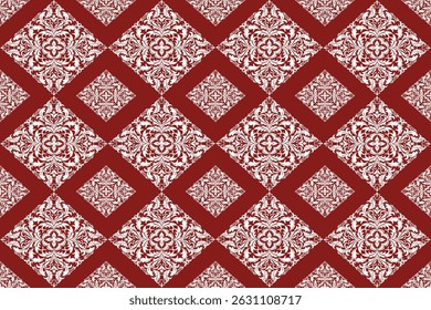 Floral fabric pattern with symmetrical petals in a repeating diamond arrangement on red  white background.