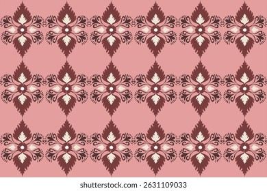 Floral fabric pattern with symmetrical petals in a repeating diamond arrangement on  pink brown background.