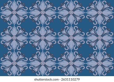 Floral fabric pattern with symmetrical petals in a repeating diamond arrangement on blue white background.