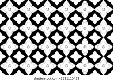 Floral fabric pattern with symmetrical petals in a repeating diamond arrangement on black white background.