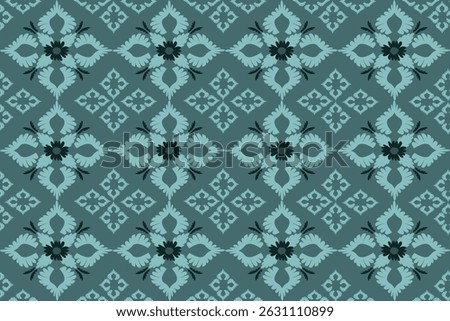 Floral fabric pattern with symmetrical petals in a repeating diamond arrangement on green black background.