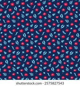 Floral fabric print. Small flowers on dark blue background. Seamless pattern with small flowers, leaves for women's dress, girlish clothes, textile. Classic botanical texture. Shabby chic wallpaper.