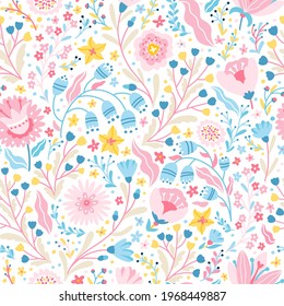 Floral fabulous seamless pattern. Vector cartoon cute flowers in simple childish hand-drawn scandinavian style. Colorful palette on white background ideal for printing baby textiles, clothing.