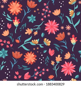 Floral fairytale seamless pattern made of bright flowers in fantasy style. Vector cartoon childrens background.