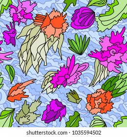 Floral fancy seamless pattern. Vector illustration. Whimsical background. Good for textile fabric design, wrapping paper and pattern fill.