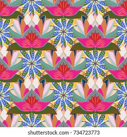 Floral fantasy design on a bright background seamless pattern. Colour Spring Theme seamless pattern Background. Flat Flower Elements Design.