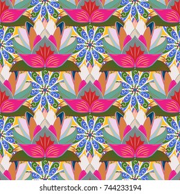Floral fantasy design on a bright background seamless pattern. Colour Spring Theme seamless pattern Background. Flat Flower Elements Design.