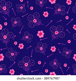 Floral fantasy pattern seamless. Abstract hand-drawn flowers on blue background. Vector illustration.