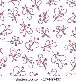 Floral fantasy pink branches on white background. Seamless doodle cute pattern. Suitable for packaging, textile.