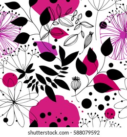 Floral fantasy seamless pattern. Decorative vector background with flowers and leaves. Abstract graphic texture