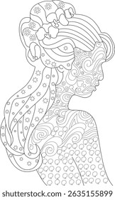 Floral Fantasy Woman Coloring Page, An intricate line art illustration of a woman's profile adorned with floral and abstract patterns, perfect for coloring books, relaxation activities, and creative
