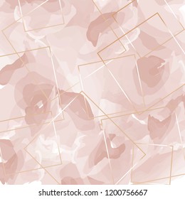 Floral fashion pattern. Gold squares, lines on light pink floral background.