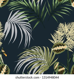 Floral fashion tropic wallpaper with palm leaves, fern and exotic plants on dark background. Print Hawaii jungle seamless pattern.