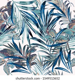 Floral fashion tropical vector pattern with palm leaves in watercolor style