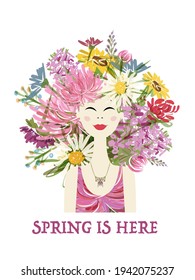 Floral female portrait, asian woman. Organic design for fashion cards, banners, posters.