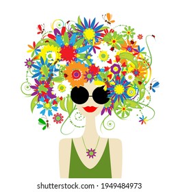 Floral female portrait, pretty woman in sunglasses. Design for fashion cards, banners, posters