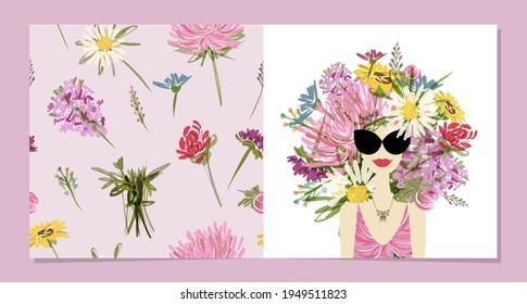 Floral female portrait, pretty woman in sunglasses. Design of greeting card